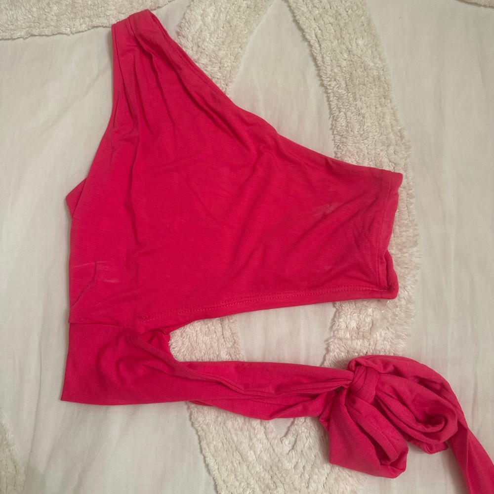 One Shoulder Pink cut tie crop top